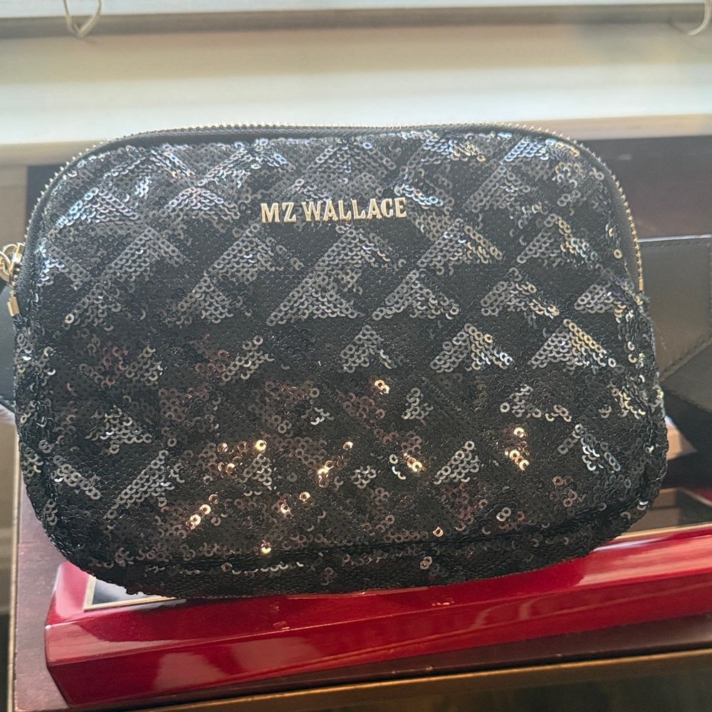 MZ Wallace Black Sequin Madison Crossbody Belt  Bag